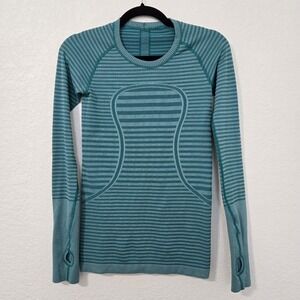 Lululemon 4 Swiftly Tech Teal Green Striped Long Sleeve Top Athletic Shirt